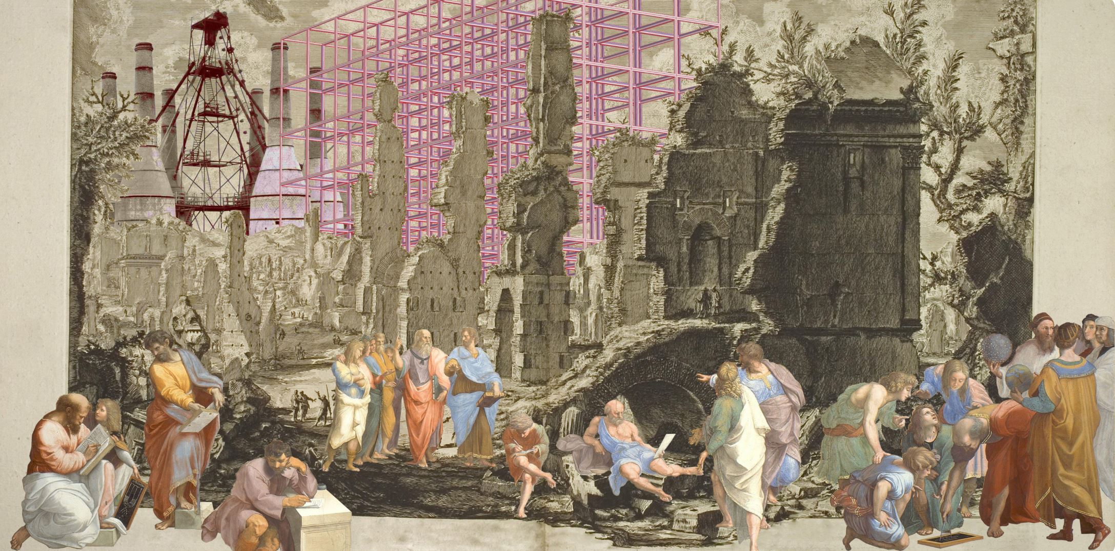 An image of an artistic collage of architectural ruins, modern grid forms, and conversing figures from antiquity.