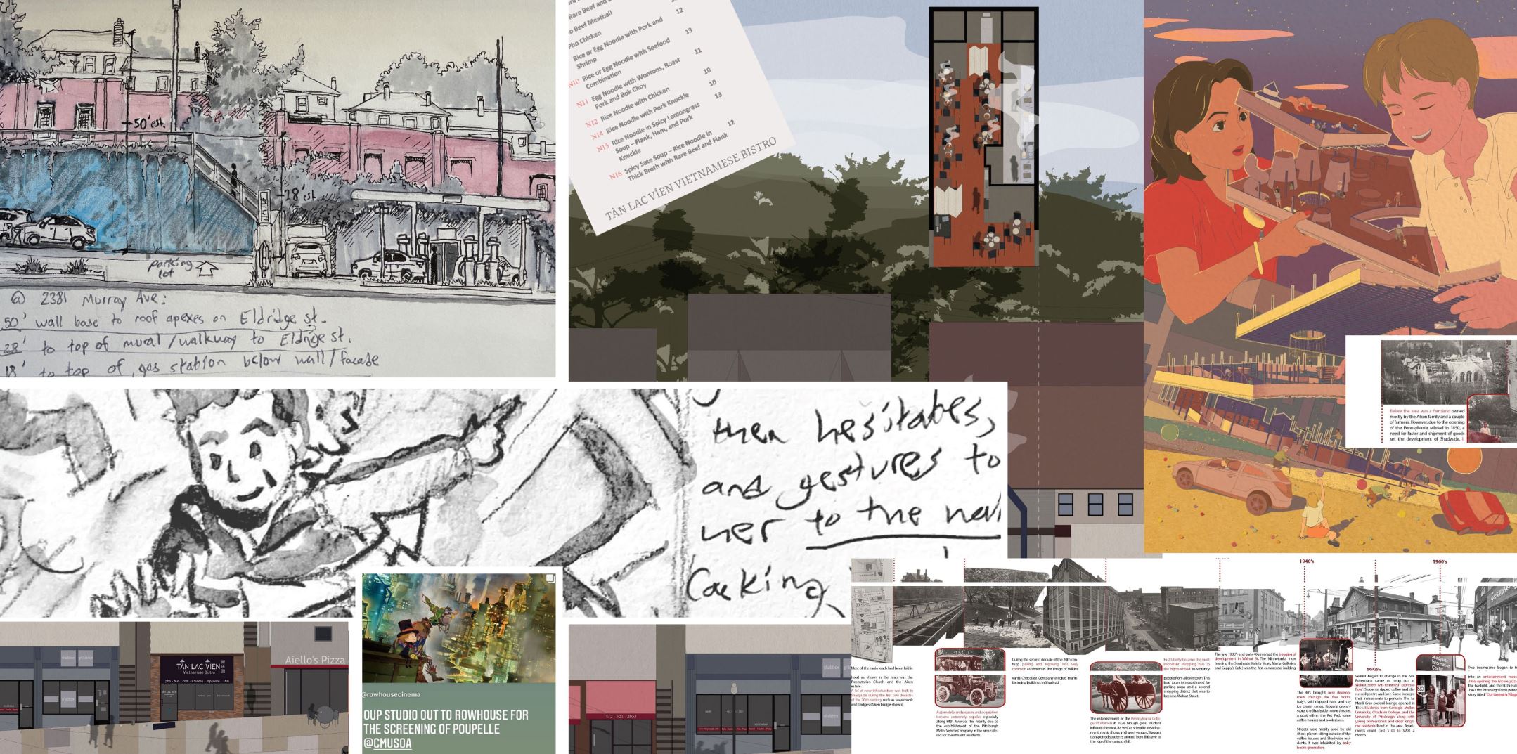 An image of a collage of graphic novel style drawings and storyboards.